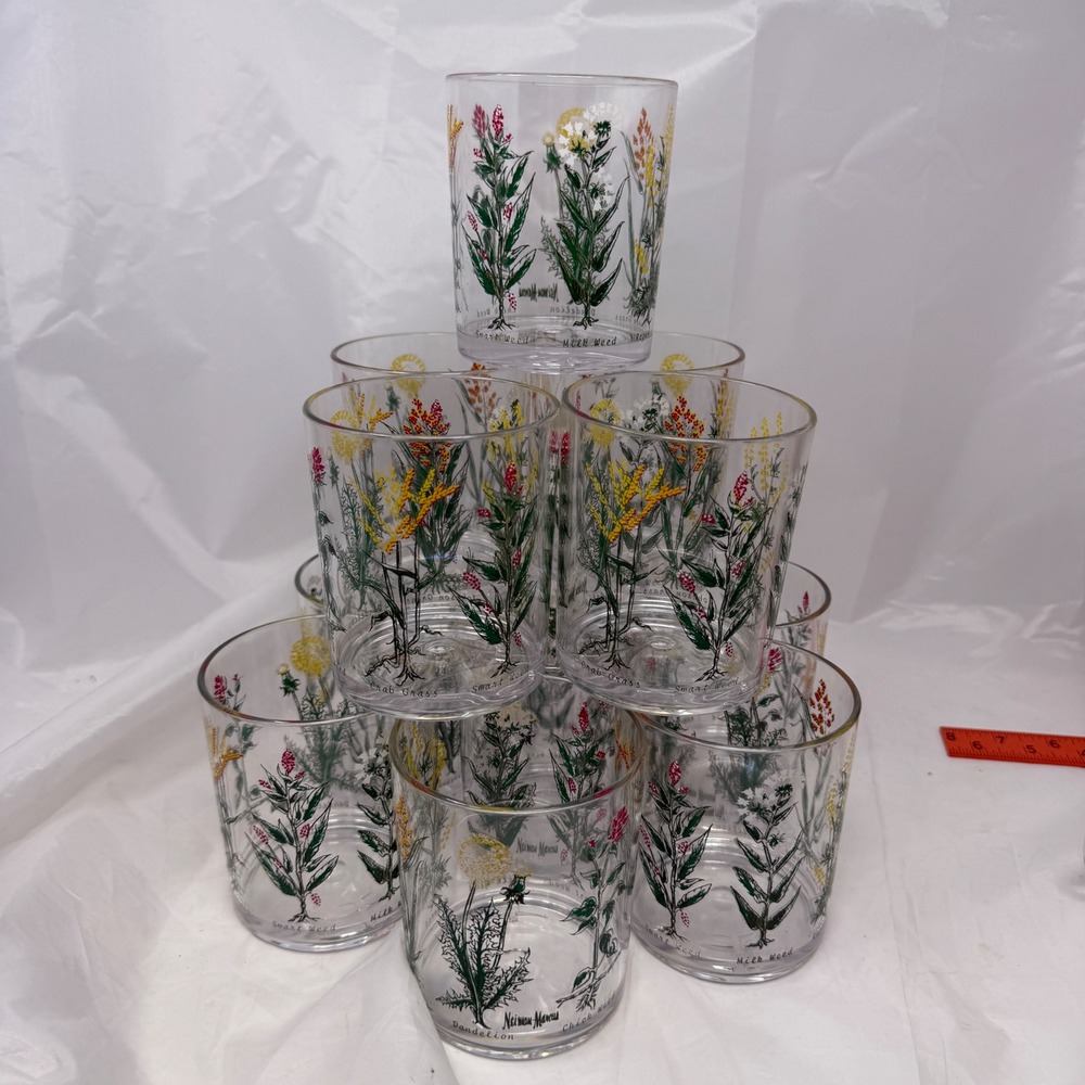 Vintage Neiman Marcus Botanical Weeds Rocks Glasses Set of 12 Signed MCM Barware